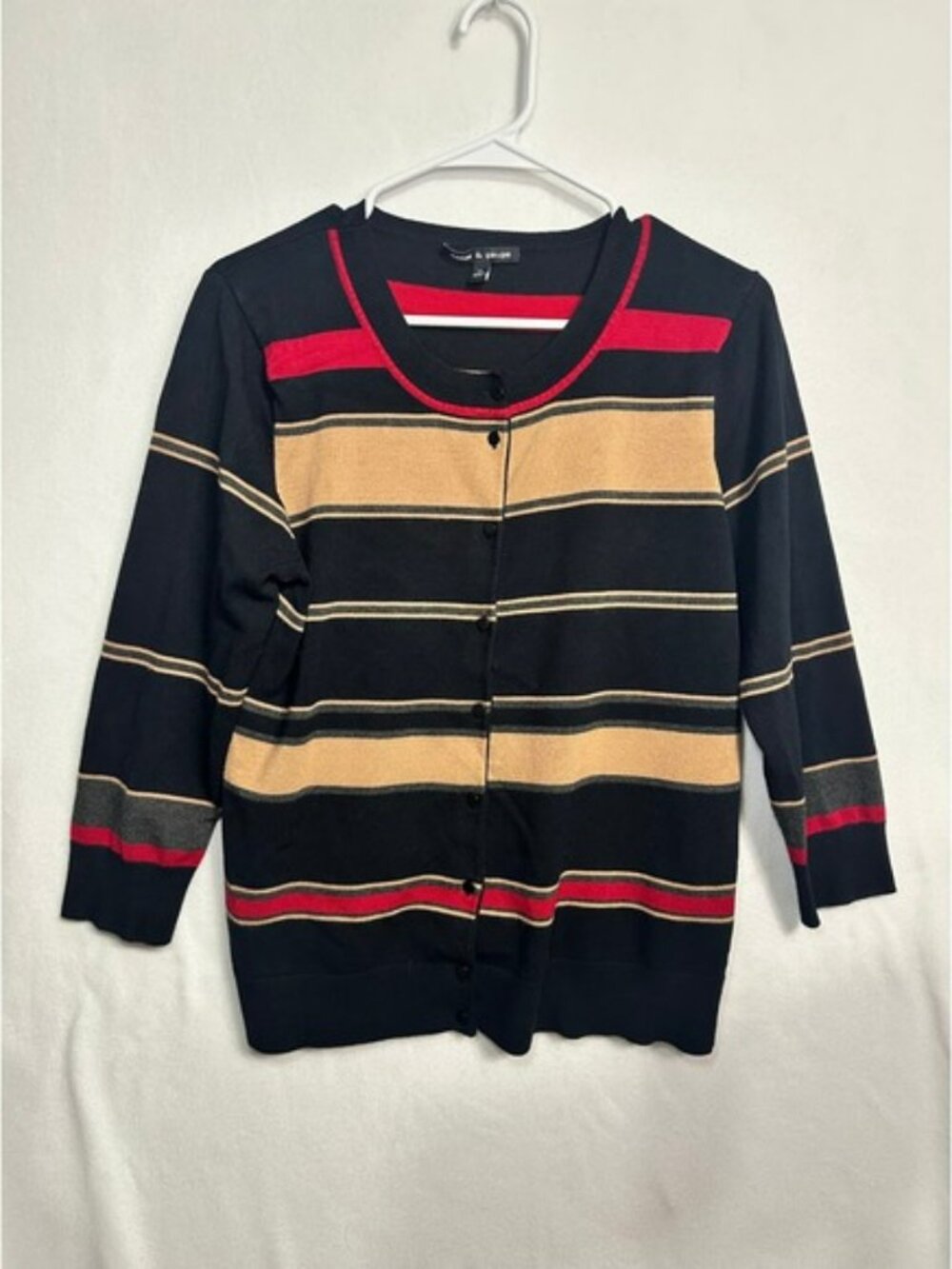 Cable & Gauge Womens XL Cardigan Sweater Black Red Tan Striped Button Front 3/4